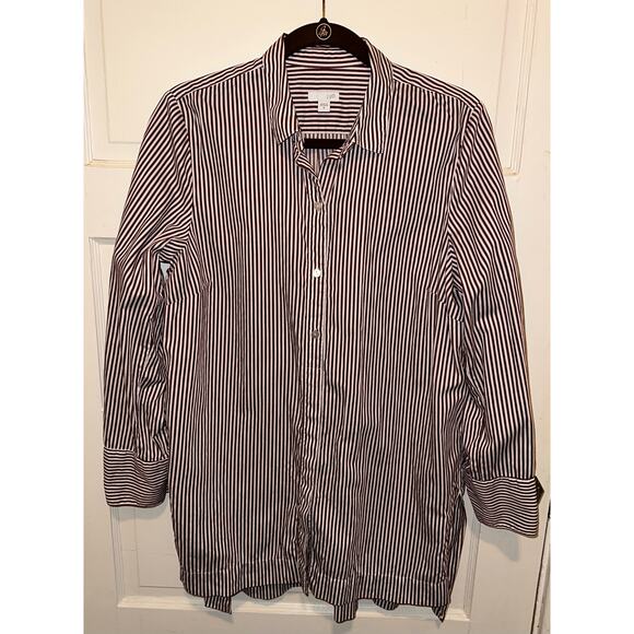 J Jill Shirt Size Medium Burgundy Stripe Button Front Long Sleeve High Low Hem - Picture 1 of 9